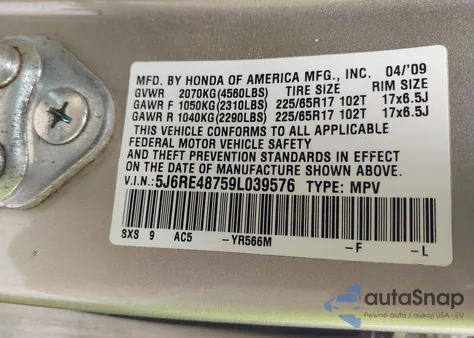 2009 Honda Cr-V Ex-L z USA, uszkodzony, nr VIN 5J6RE48759L039576